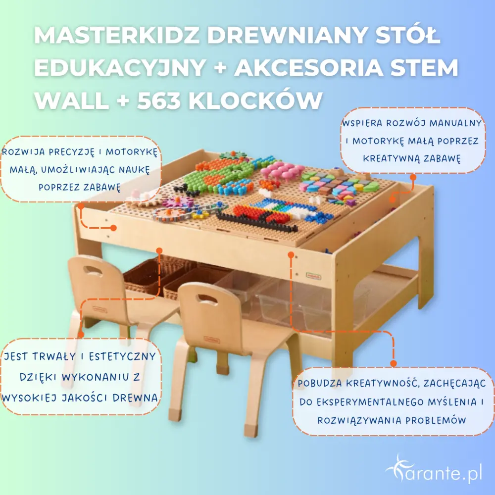 MASTERKIDZ Drewniany Stół Edukacyjny + AKCESORIA STEM WALL + 563 Klocków