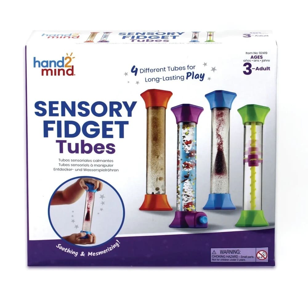  Tuby sensoryczne Fidget to zestaw 4 butelek o rozmaitej zawartości.